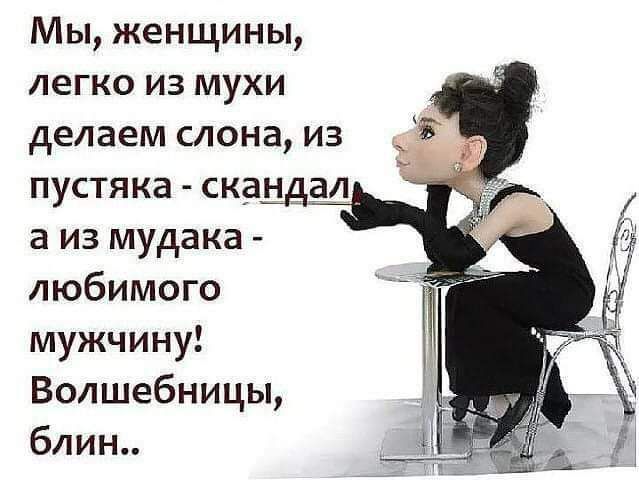 Мы женщины легко из мухи делаем слона из пустяка скац а из мудака любимого мужчину Волшебницы блин