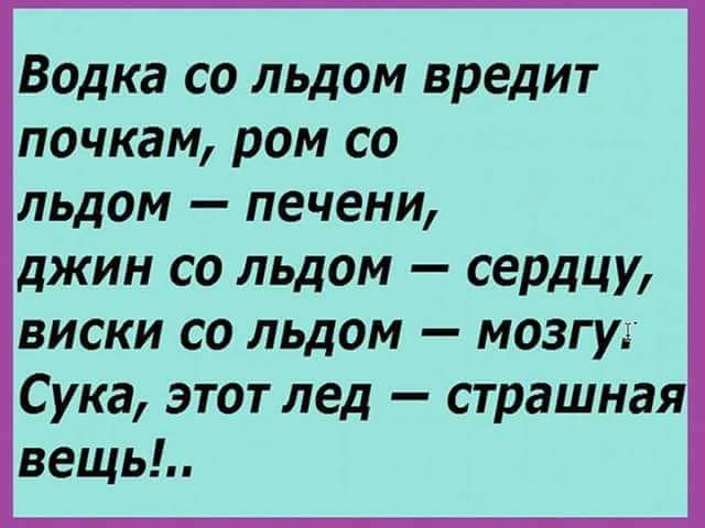 Водка со льдом вредит почкам ром со льдом печени джин со льдом сердцу виски со льдом мозгу Сука этот лед страшная вещь