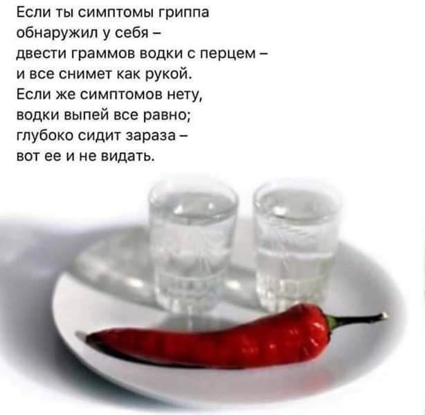 Если ты симптомы гриппа обнаружил у себя двести граммов водки перцем и все снимет как рукой Если же симптомов нету водки выпей все равно глубоко сидит зараза вот ее и не видать