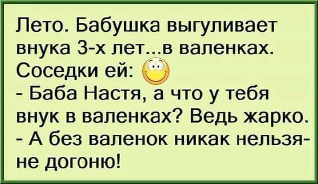 Пето Бабушка выгуливает внука 3 х лет_в валенках Соседки ей Баба Настя а что у тебя внук в валенках Ведь жарко А без валенок никак нельзя не догоню