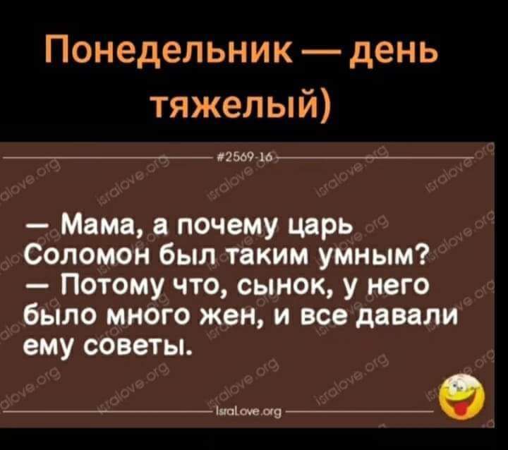 Понедельник день тяжелый иш о Мама а почему царь Соломон был таким умным Потому что сынок у него было много жен и все давили ему советы _шымап_