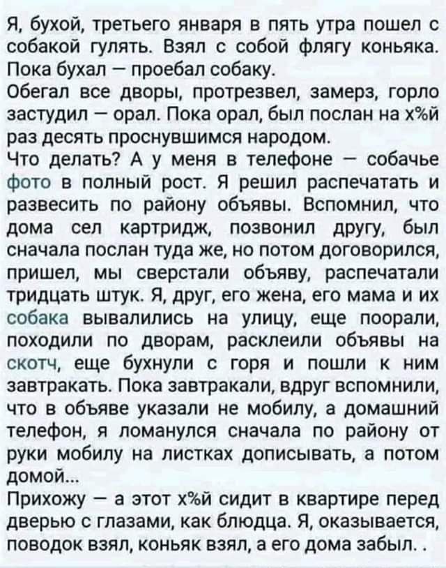 Я бухой третьего января в пять утра пошел с собакой гулять Взял с собой фпягу коньяка Пока бухал проебал собаку сбегал все дворы протрезвел замера горло эастудил орал Пока орал был послан на хЗъй раз десять проснувшимся народом Что делать А у меня в телефоне собачье Фото в полный рост Я решил распечатать и развесить по району объявы Вспомнил что дома сел картридж позвонил другу был сначала послан 