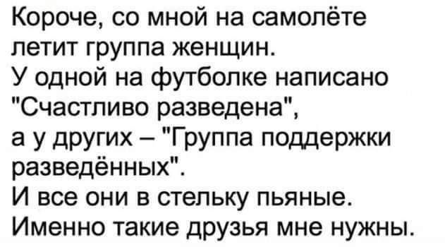 Короче со мной на самолёте летит группа женщин У одной на футболке написано Счастливо разведена а у других Группа поддержки разведённых И все они в стельку пьяные Именно такие друзья мне нужны