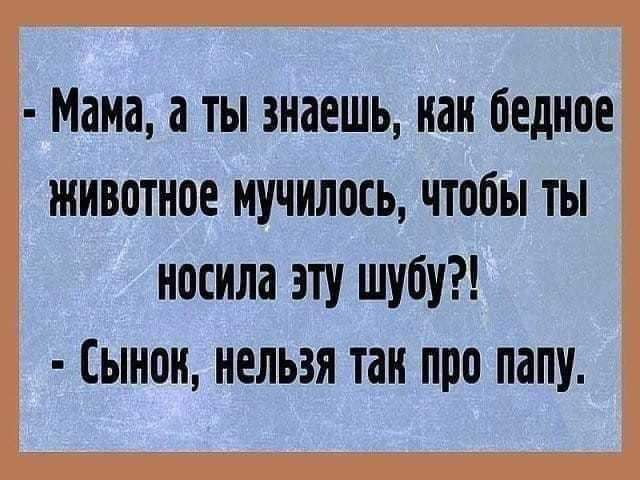 Мама а ты знаешь наи бедное животное мучилось чтобы ты носила эту шубу Сынок нельзя так про папу