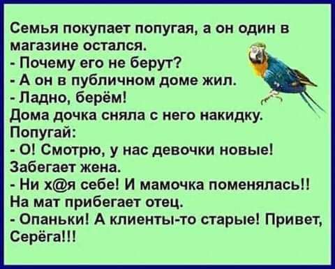 Семья покупает попугая а он один в магазине остался Почему его не берут А он в публичном доме жип Ладно берём г дома дочка сняла мат накидку Попугай О Смотрю у нас девочки новые Забегает жена Ни хя себе И мамочка поменялась На мат прибегает отец Опаиьки А клиенты то старые Привет Серёга