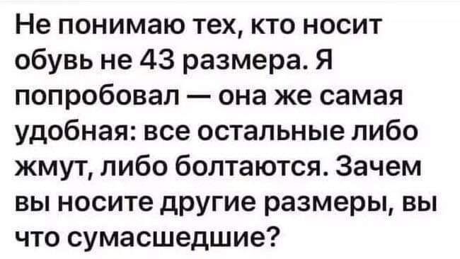 Не понимаю тех кто носит обувь не 43 размера Я попробовал она же самая удобная все остальные либо жмут либо болтаются Зачем вы носите другие размеры вы что сумасшедшие