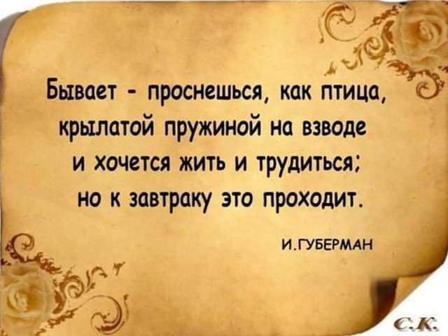 Бымет проснешься как Ётица Крылатой пружиной на взводе 1 и хочется жить и трудиться но к завтраку это проходит ИГУБЕРМАН д _ 3