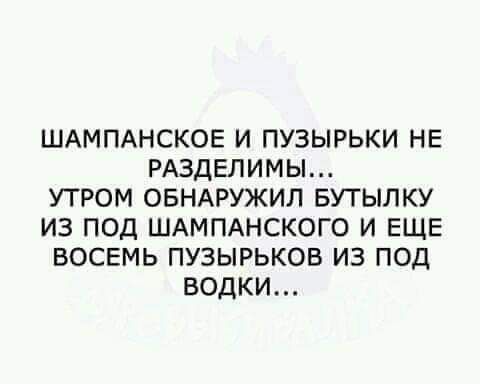 ШАМПАНСКОЕ и пузырьки НЕ РАЗДЕЛИМЫ утром ОБНАРУЖИЛ БУТЫЛКУ из под ШАМПАНСКОГО и ЕЩЕ восемь пузырьков из под водки