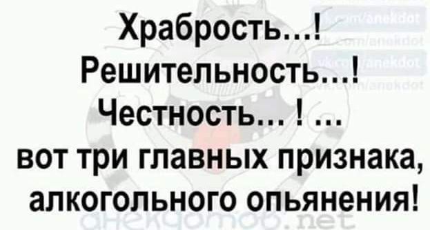 Храбрость Решительность Честность вот три главных признака алкогольного опьянения