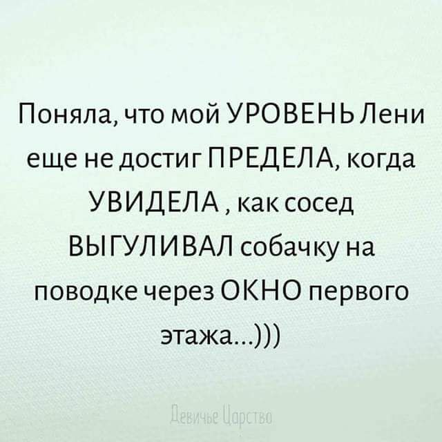 Поняла что мой УРОВЕНЬ Лени еще не достиг П РЕД ЕЛА когда УВИДЕЛА как сосед ВЫ ГУЛ И ВАЛ собачку на поводке через ОКНО первого этажа