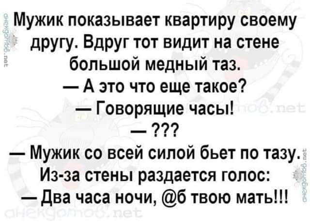 Мужик показывает квартиру своему другу Вдруг тот видит на стене большой медный таз А это что еще такое Говорящие часы Мужик со всей силой бьет по тазу Из за стены раздается голос два часа ночи 6 твою мать