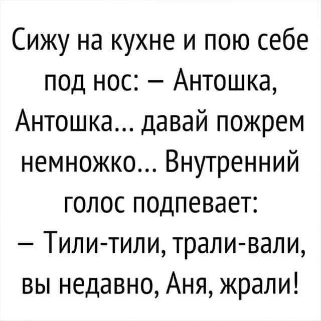 Сижу на кухне и пою себе под нос Антошка Антошка давай пожрем немножко Внутренний голос подпевает Тили тили трали вали вы недавно Аня жрали