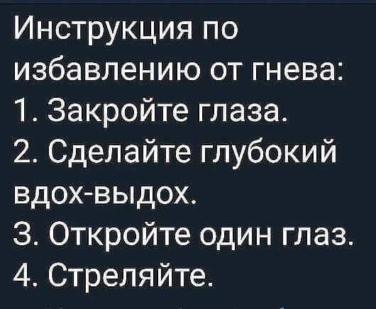 Инструкция по избавлению от гнева 1 Закройте глаза 2 Сделайте глубокий вдох выдох 3 Откройте один глаз 4 Стреляйте