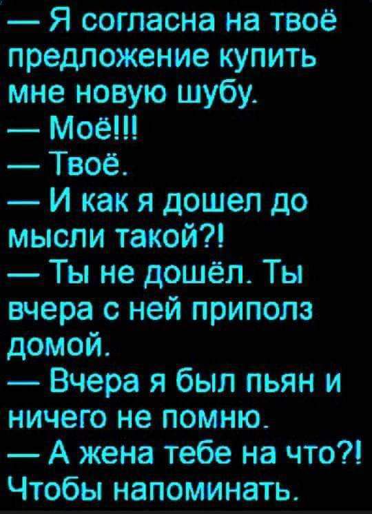 Я согласна на твое предложение купить мне новую шубу Моё Твоё И как я дошел до мысли такой Ты не дошёл Ты вчера с ней приполз домой Вчера я был пьян и ничего не помню А жена тебе на что Чтобы напоминать