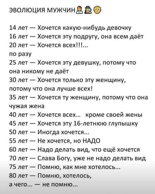 эволюция мужчинддо 14 лет Хочется какую нибудь девочку 15 лет _ Хочется эту подругу она всем даёт 20 лет Хочется всех по разу 25 лет Хочется эту девушку потому что она никому не даёт 30 лет Хочется только эту женщину потому что она лучше всех 35 лет Хочется ту женщину потому что она чужая жена до лет Хочется всех кроме своей жены А5 лет Хочется эту 16 летиюю глупышку 50 лет Иногда хочется 55 лет Н