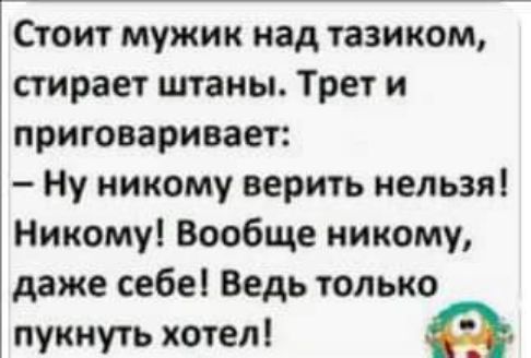 Стоит мужик над тазиком стирает штаны Трет и приговаривает Ну никому верить нельзя Никому Вообще никому даже себе Ведь только пукнуть хотел