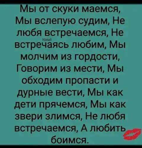 Ы ОТ СКУКИ маемся Мы вслепую судим Не любя встречаемся Не встреЦёясь любим Мы молчим из гордости Говорим из мести Мы обходим пропасти и дурные вести Мы как дети прячемся Мы как звери злимся Не любя встречаемся А любитьа боимся