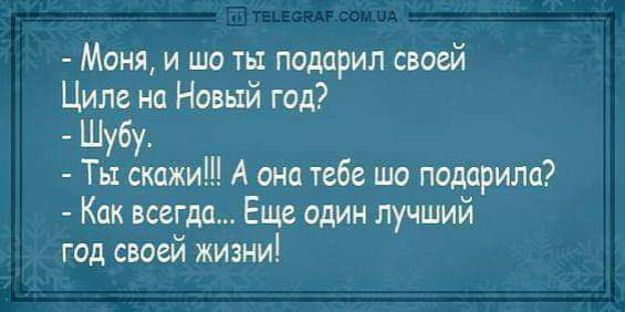 Моня и ша ть поддрил своей Циле на Новый год Шубу Ты скажи А она тебе шо подарила Как всегда Еще один лучший год своей жизни