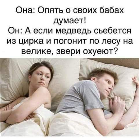 Она Опять о своих бабах думает Он А если медведь сьебется из цирка и погонит по лесу на велике звери охуеют