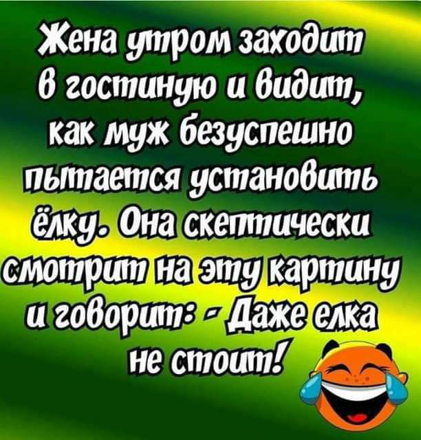 Жена утром заходит 6 гостиную и Видит как муж безуспешно пытается устанобшпь ежу Она скетпически смотршп на эту картину и говорит Даже елка не стоит