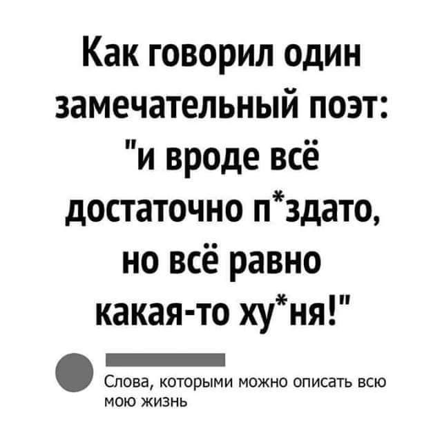 Как говорил один замечательный поэт и вроде всё достаточно пздато но всё равно какая то хуня Слова которыми можно описать всю мою жизнь