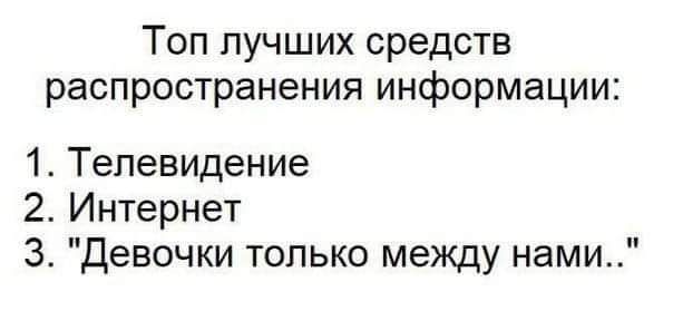 Топ пучших средств распространения информации 1 Телевидение 2 Интернет 3 Девочки только между нами