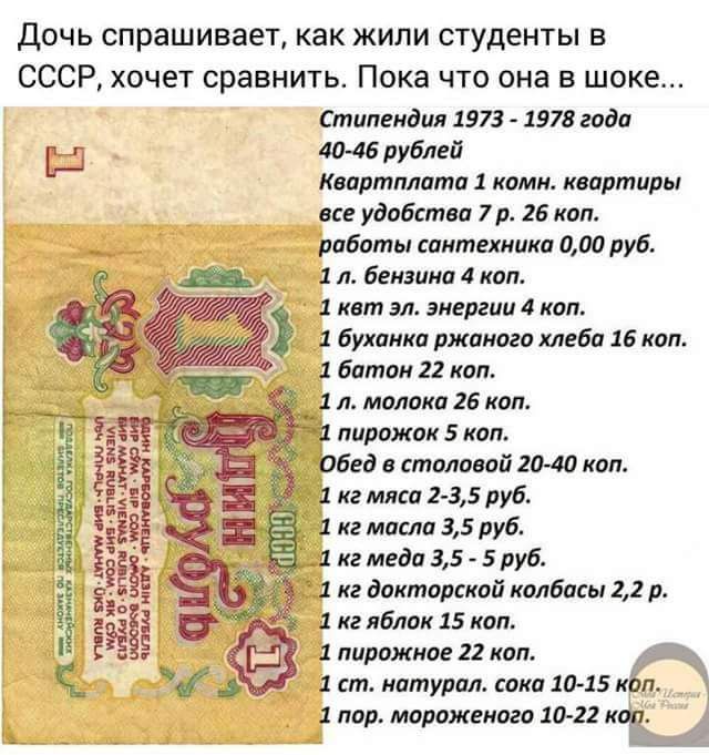 Дочь спрашивает как жили студенты в СССР хочет сравнить Пока что она в шоке Стилеиаш 1973 1973 года Ы 4046 рублей Кпртплцтп 1 коми квартиры удобства и 25 им рабами щитами 000 руб 1 я был коп квт эл вирши кап бутика ржаного хлеба 15 коп батон 22 коп л Малика 16 нап 090301011 5 нап Бад тмшп или и или 235 руб а из мама 35 руы иг меда 35 5 руб на дипломной цлбпш 21 в а на ибшк 15 коп х пирожное кпп А 