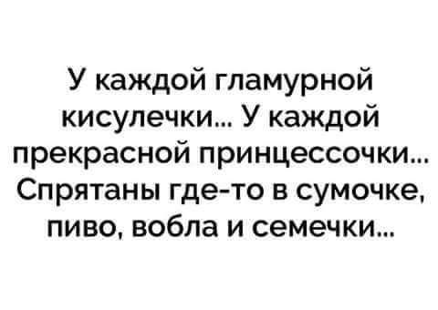 У каждой гламурной кисулечки У каждой прекрасной принцессочки Спрятаны где то в сумочке пиво вобла и семечки