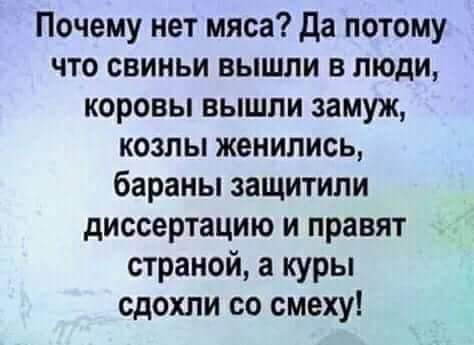 Почему нет мяса да потому что свиньи вышли в люди коровы вышли замуж козлы женились бараны защитили диссертацию и правят страной а куры сдохли со смеху