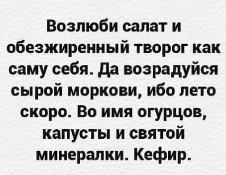 Возлюби салат и обезжиренный творог как саму себя да возрадуйся сырой моркови ибо лето скоро Во имя огурцов капусты и святой минералки Кефир