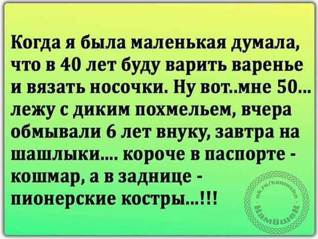 Когда я была маленькая думала что в 40 лет буду парить варенье и вязать носочки Ну вотмне 50 лежу с диким похмельем вчера обмывали 6 лет внуку завтра на шашлыки короче в паспорте кошмар а в заднице пионерские костры