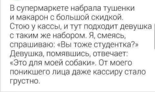 В супермаркете набрала тушенки и макарон с большой скидкой Стою у кассы и тут подходит девушка с таким же набором Я смеясь спрашиваю Вы тоже студентка Девушка помявшись отвечает Это для моей собаки От моего поникшего лица даже кассиру стало груСТно