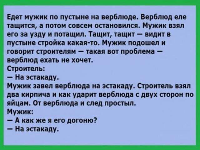 Еды мужик по пустив и ирбпюде ісрбпюп ем пшик ц пион совсем остановился Мужик взял его узду и пшдщип Тпщит ПЩИТ пид п пустын прпйка квип ю Мужик пвдпшнп и гоирит армы н пни пробпнп прбпюд пить не хочет Строить и какаду Мужик знал ирбпюд ин зспкілу Строитель взял ди кирпича и как удивит ирблюда двух порви по ийцм От верблюда и сдал простыл Мужик А их по и его погоню и кппду