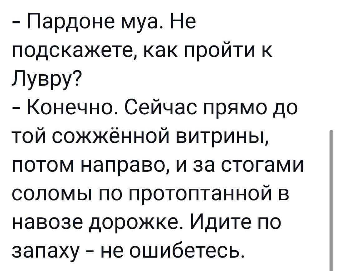 Пардоне муа Не подскажете как пройти к Лувру Конечно Сейчас прямо до той сожжённой витрины потом направо и за стогами соломы по протоптанной в навозе дорожке Идите по запаху не ошибетесь