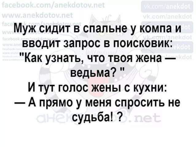 Муж сидит в спальне у компа и вводит запрос в поисковик Как узнать что твоя жена ведьма И тут голос жены с кухни А прямо у меня спросить не судьба