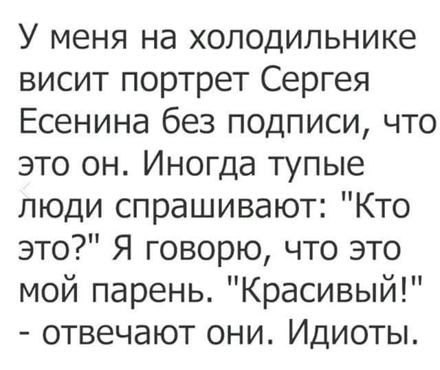 У меня на холодильнике висит портрет Сергея Есенина без подписи что это он Иногда тупые люди спрашивают Кто это Я говорю что это мой парень Красивый отвечают они Идиоты