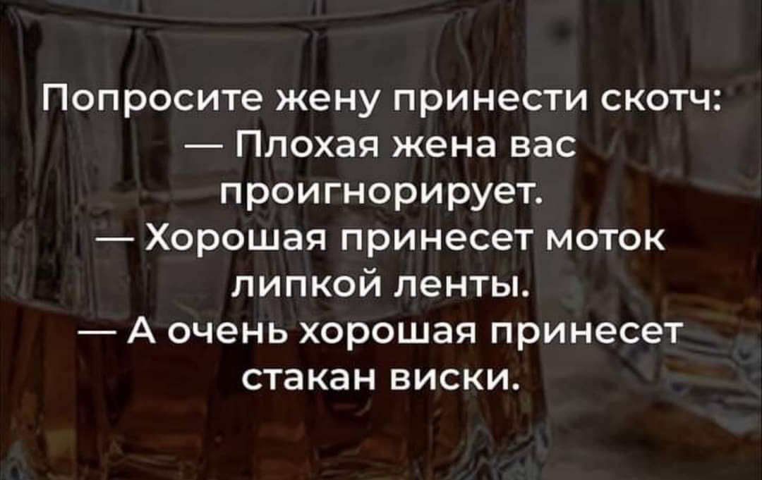 Попросите жену принести скотч Плохая жена вас проигнорирует Хорошая принесет моток липкой ленты А очень хорошая принесет стакан виски