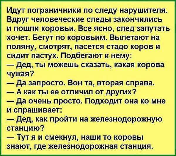 Идут пограничники по следу нарушителя Вдруг человеческие следы закончились и пошли коровьи Все ясно след запутать хочет Бегут по коровьим Выпетают на поляну смотрят пасется стадо коров и сидит пастух Подбегают к нему дед ты можешь сказать какая корова чужая да запросто Вон та вторая справа А как ты ее отпичил от других да очень просто Подходит она ко мне и спрашивает дед как пройти на железнодорож