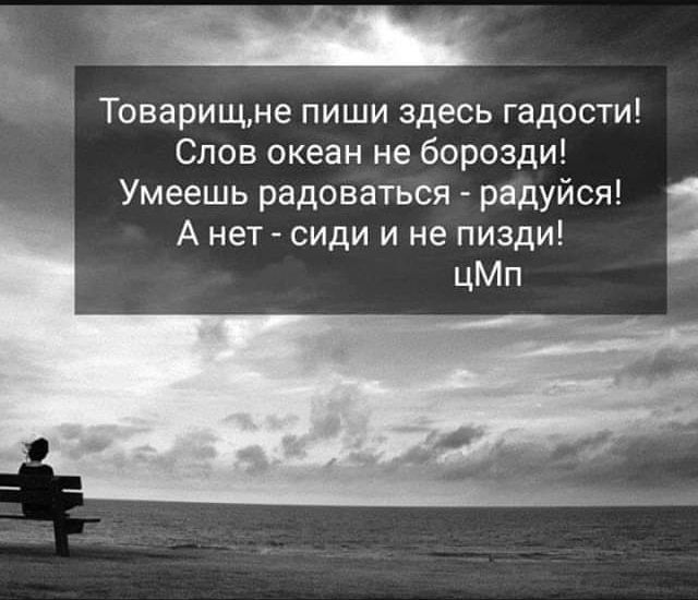 Товарищне пиши здесь гадости Слов океан не борозди Умеешь радоваться радуйся Анет сиди и не пизди цМп