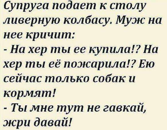 Супруга подает к столу лазерную колбасу Муж на нее кричит На хер ты ее купию На хер ты её пожарами Ею сейчас только собак и кормят Т ы мне тут не гавкай жри давай