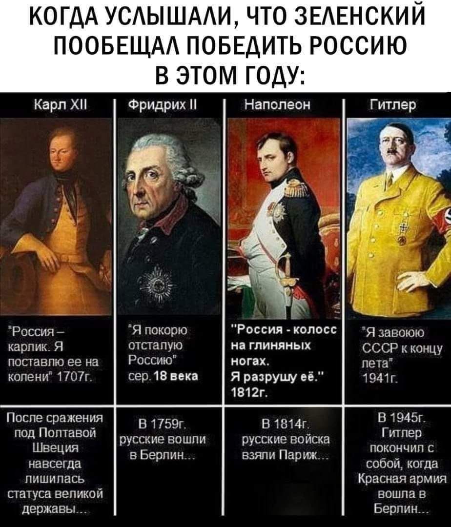 КОГДА УСАЫШААИ ЧТО ЗЕАЕНСКИЙ ПООБЕЩАА ПОБЕДИТЬ РОССИЮ В ЭТОМ ГОДУ Фридрих Наполеон Карп хп гитлер г кодом на глиняных не я ритШу 1в12г и пошта шпапм Россию гр св пк пц п ритма и мы падпатавон В В г Руцкпе виш руьскнп имт кБтши тяни Париж нпвпеГда то когда пишипапь Крапива армия паіупа авгшй ввшпа в дермвы Берт