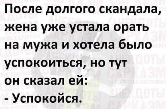 После долгого скандала жена уже устала орать на мужа и хотела было успокоиться но тут он сказал ей Успокойся