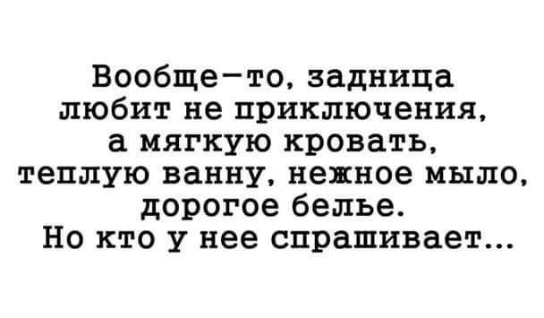 Вообщето задница любит не приключения а мягкую кровать теплую ванну нежное мыло дорогое белье Но кто у нее спрашивает