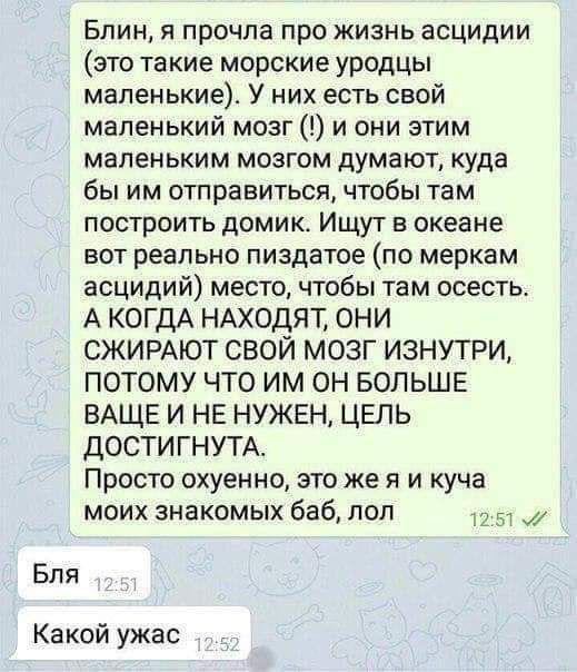 Блин я прочла про жизнь асцидии это такие морские уродцы маленькие У них есть свой маленький мозг и они этим маленьким мозгом думают куда бы им отправиться чтобы там построить домик Ищут в океане вот реально пиздатое по меркам асцидий место чтобы там осесть А когдА НАходят они СЖИРАЮТ СВОЙ МОЗГ ИЗНУТРИ ПОТОМУ ЧТО им ОН БОЛЬШЕ ВАЩЕ И НЕ НУЖЕН ЦЕЛЬ ДОСТИГНУТА Просто охуенно это же я и куча моих знак