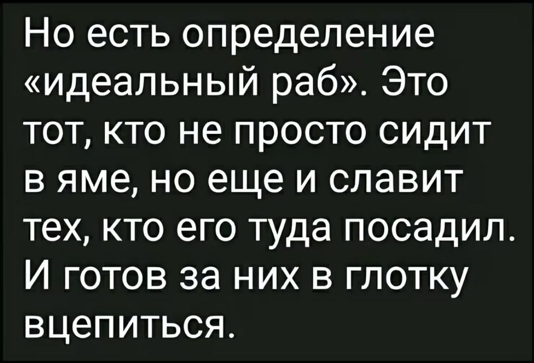 Но есть определение идеальный раб Это тот кто не просто сидит в яме но еще и славит тех кто его туда посадил И готов за них в глотку вцепиться