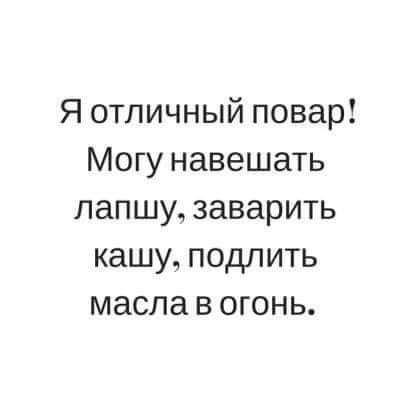 Я отличный повар Могу навещать лапшу заварить кашу подпить масла в огонь