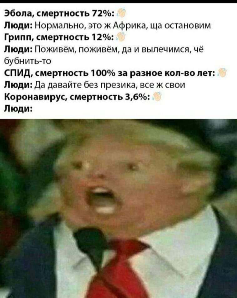 Эбола смертность 72 Люди Нормально эш ж Африка Ща остановим Грипп смертность 12 Люди Поживем поживем да и выпечимы че бубиитьгто спид смертноаь 100 за радиое коп во пет Люди да давайте без презика все ж свои Коропавирус смершокть 36 Люди