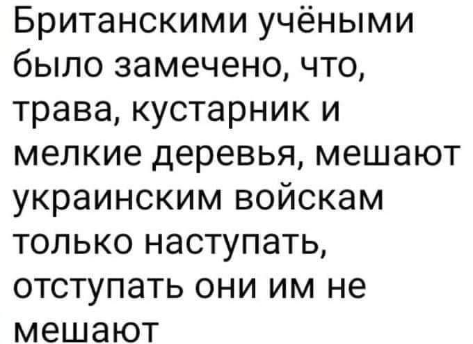 Британскими учёными было замечено что трава кустарник и мелкие деревья мешают украинским войскам только наступать отступать они им не мешают