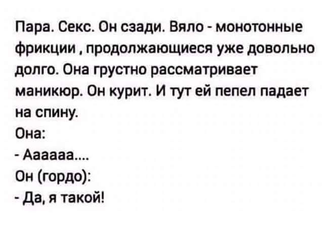 Пара Секс Он сзади Вяпо монотониые Фрикции продолжающиеся уже довольно долго Она грустно рассматривает маникюр Он курит И тут ей пепел падает на спину Она Авана Он гордо да я такой