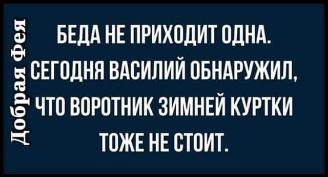 БЕДА НЕ ПРИХОДИТ ПДНА 5 СЕГОДНЯ ВАВИЛИИ ПБНАРУЖИЛ ё ЧТП ВОРПТНИК ЗИМНЕЙ КУРТКИ Ч ТПЖЕ НЕ СТОИТ